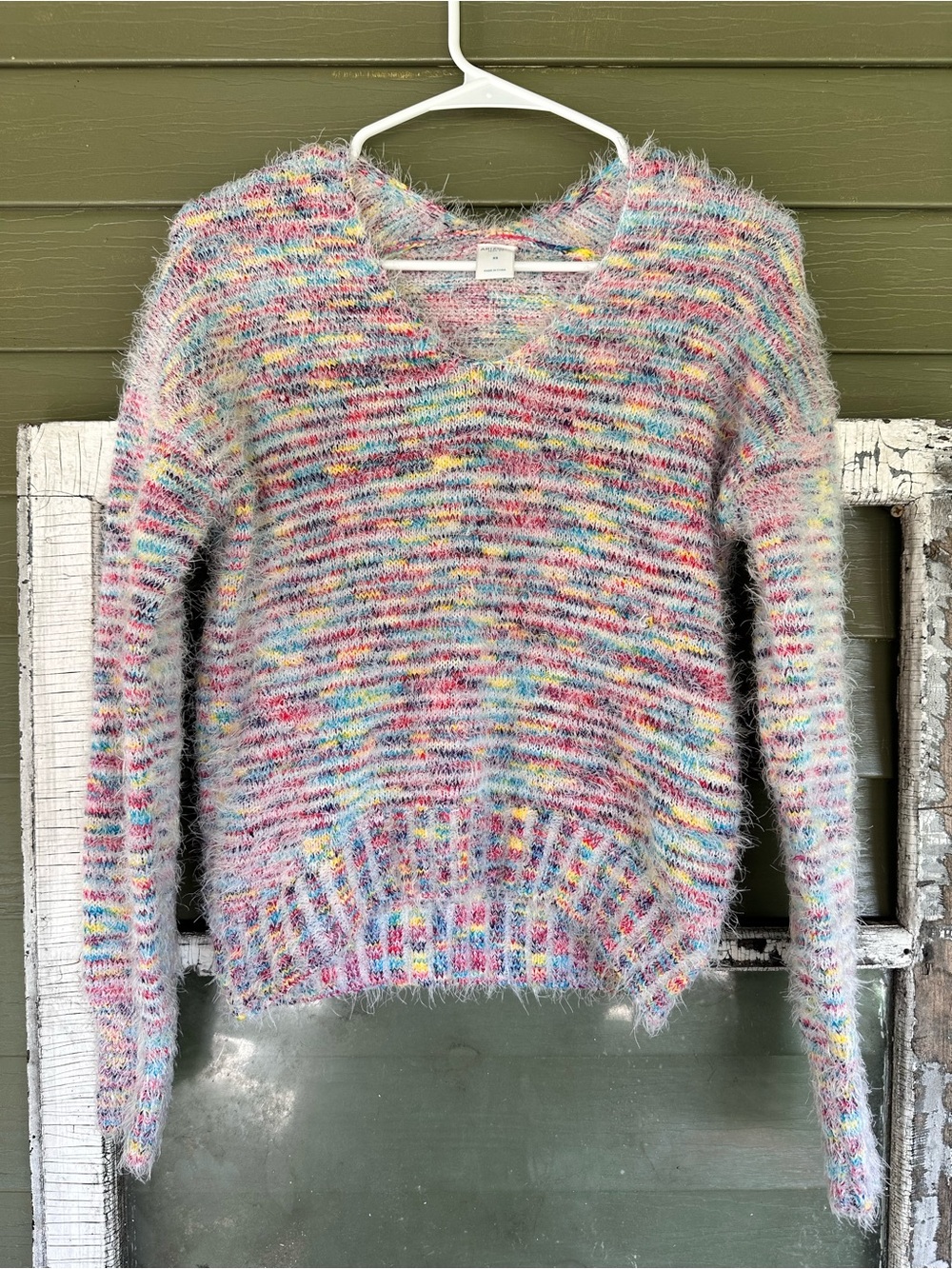 Arizona Jean Company Pastel Multicolor Fuzzy V-Neck Sweater